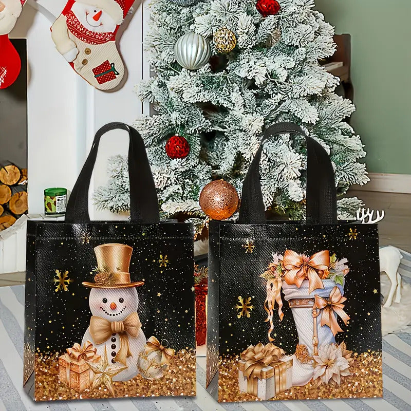 20pcs Festive Christmas Gift Bags - Snowman, Tree & Stocking Design, Black & Golden with Handles, Non-Woven Tote Bags for Holiday Parties, 23*22*11cm, Christmas Gift Bags, Christmas Decorations, Christmas Decor, Christmas Gif