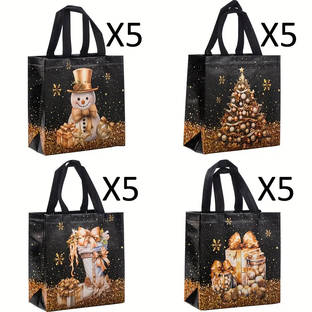 20pcs Festive Christmas Gift Bags - Snowman, Tree & Stocking Design, Black & Golden with Handles, Non-Woven Tote Bags for Holiday Parties, 23*22*11cm, Christmas Gift Bags, Christmas Decorations, Christmas Decor, Christmas Gif