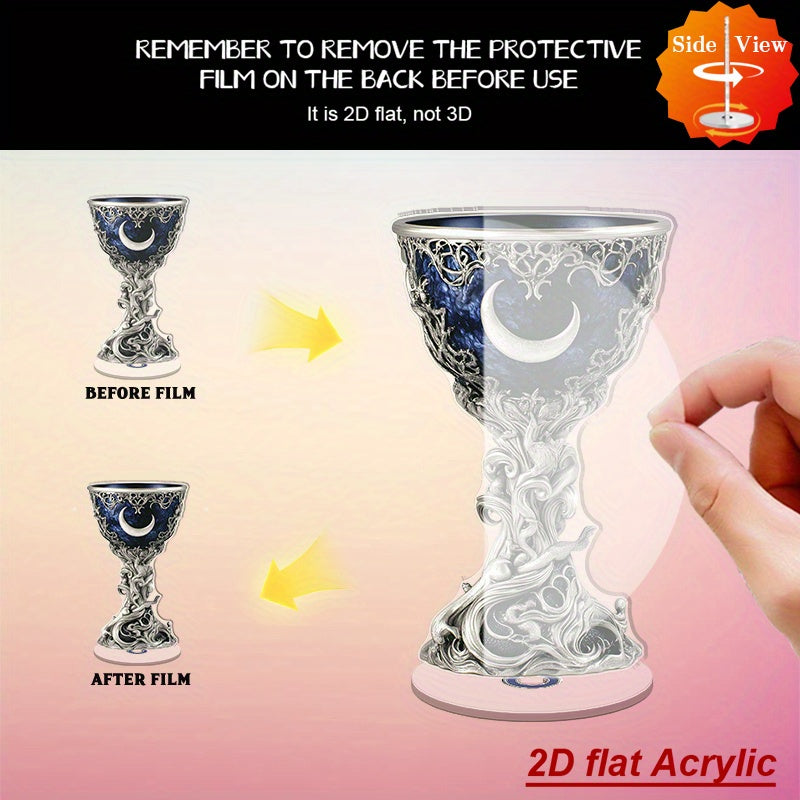 2D Flat Spinning Acrylic Tabletop Decor Featuring A Mystical Chalice Secret Society Sacred Ceremonies with Azure Interior And Silvery Filigree for Enchanting Home Or Office Settings