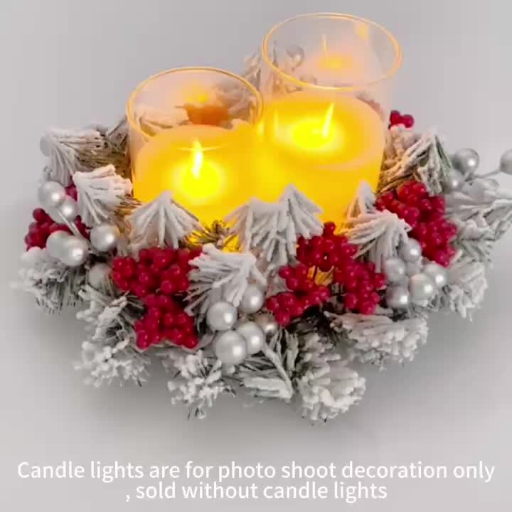 Christmas Wreath with Holly and Berries, Plastic Tabletop Candle Holder, No Electricity Needed, Ideal for Holiday and Home Decor, Festive Table Centerpiece|Wreathed Candle Holder|Plastic Wreath, Candle Holder Decor