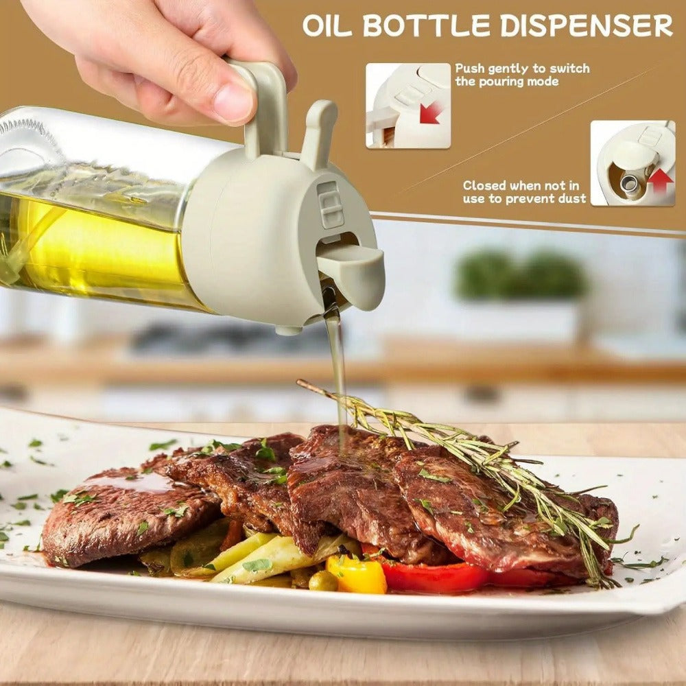2 in 1 470ml Leak-Proof Dual Oil Dispenser Bottle, Made of Plastic with a Dual-squeeze Cap, Ideal for Cooking, Frying, Salad Dressings, Grilling, Air Frying, Outdoor Barbecues, and Home Kitchen Use. Easy to Clean and Durable