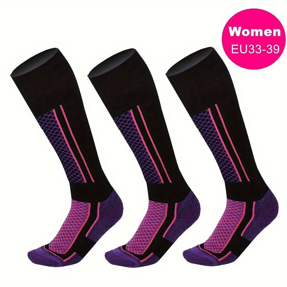 3pcs Pack Women's Thick Warm Ski Socks - Tall Outdoor Winter Sports Sock Suitable for Skiing, Snowboarding, Ice Skating - Striped Thermal Athletic Footwear Winter Sports Apparel Accessories