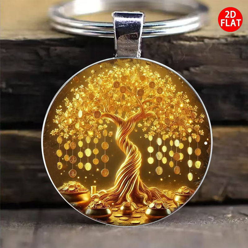 2D Flat, Money Tree Fortune Prosperity Keychain - Wealth with Money Branches & Cash Symbols, Stylish Bag & Car Accessory for Men & Women, Gift for Christmas, Birthday, Anniversary (Suitable for Money, Cards, IDs), 2D Flat