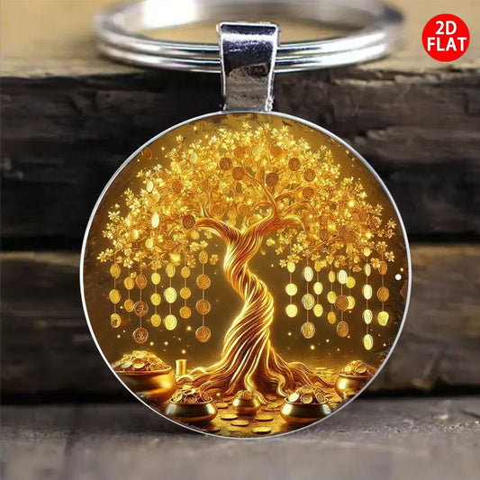 2D Flat, Money Tree Fortune Prosperity Keychain - Wealth with Money Branches & Cash Symbols, Stylish Bag & Car Accessory for Men & Women, Gift for Christmas, Birthday, Anniversary (Suitable for Money, Cards, IDs), 2D Flat