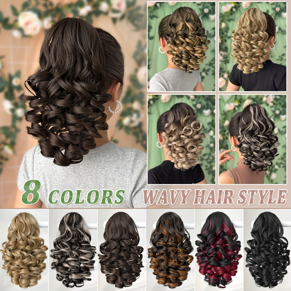 30.48cm Women's Heat-Resistant Synthetic Ponytail Wig - 12" Deep Wave Curly Hair Extension with Brown/Black/Blonde/Red/Gray/Beige/White