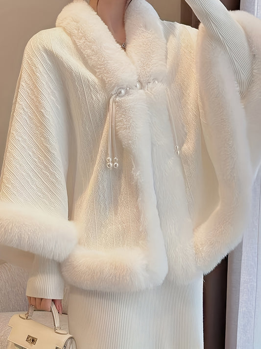 Women'S Elegant Velvet Cape Shawl - Plush Faux Fur Warm Winter Jacket with Adjustable Hood, Long Sleeves, and Front Pockets for Fall/Winter Fashion, Cozy Outerwear, Cozy Fashion, Sophisticated Style, Soft Texture