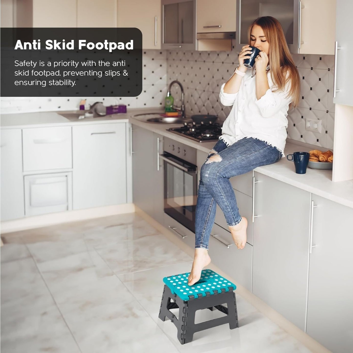 3 Colors 9 Inch Folding Step Stool With Carry Handle & Anti Skid Footpad | Foldable & Collapsible Step Stool