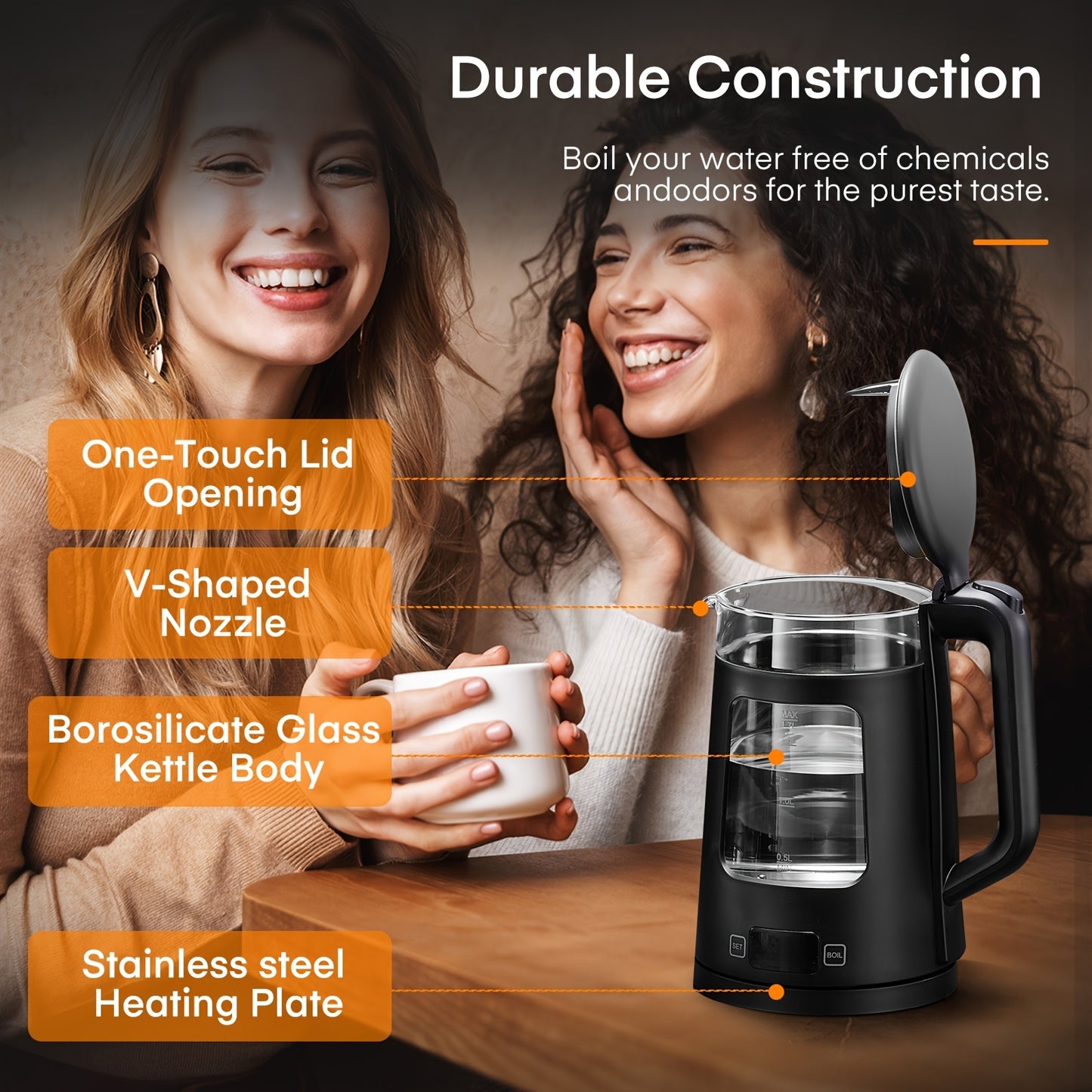1.7L Glass Electric Kettle with Keep Warm, 5-Temperature Control (Chiller Mode), 2200W Fast Boil, Auto Shut-Off & Boil- Protection, & 5- Indicator, UK Plug (220-240V) - Tea Maker & Beverage Dispenser