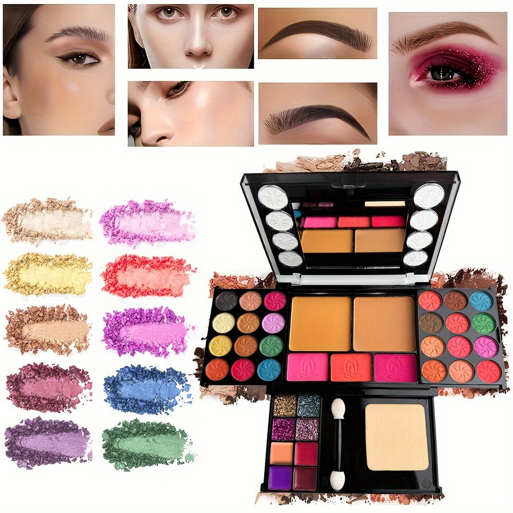 NEW Full Set 37 Multi-Functional Makeup Tray Powder Puff Eyeshadow Brush Includes Eyeshadow Contouring Set Powder Lip Gloss for Makeup Beginners Complete Makeup Case