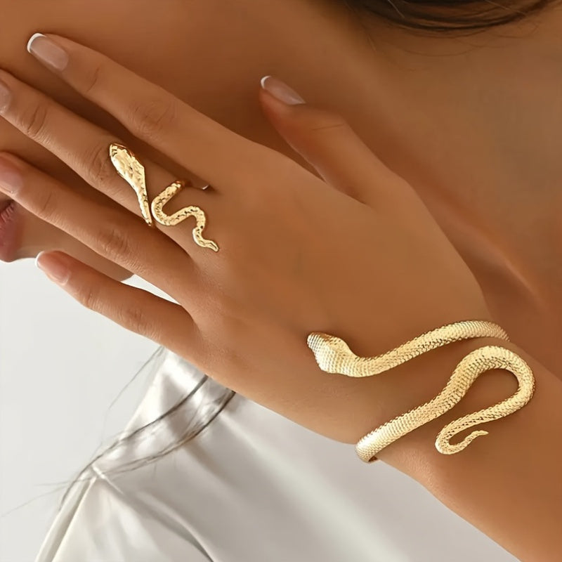 2 PCS Set of Dynamic Snake-Shaped Jewelry for Women, Featuring a Fun Snake-Pattern Bracelet And Ring , Designed with a Golden Plating for a Party- Jewelry Tools Sets