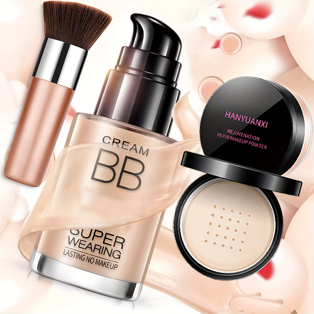 Flawless Face Makeup Kit- BB Cream & Makeup Powder & Brush, Includes Full Coverage Foundation, Moisturizing BB Cream, Waterproof Loose Setting Powder, Brush And Makeup Sponge, Hydrating Formula, Seamless Concealer, Longwear H