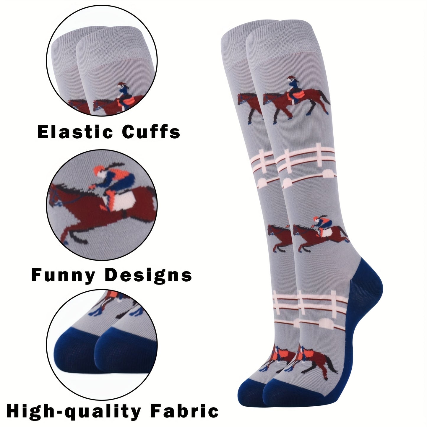3 Pairs Set Horse Riding Knee-High Socks - Equestrian-Themed with Horses, Jockeys & Western Cowgirl Boots Print - One Size Fits 6-9/ 6-9/EU 39-42 - Soft Durable Novelty Gift for,, Moms & Horse, for Teenager