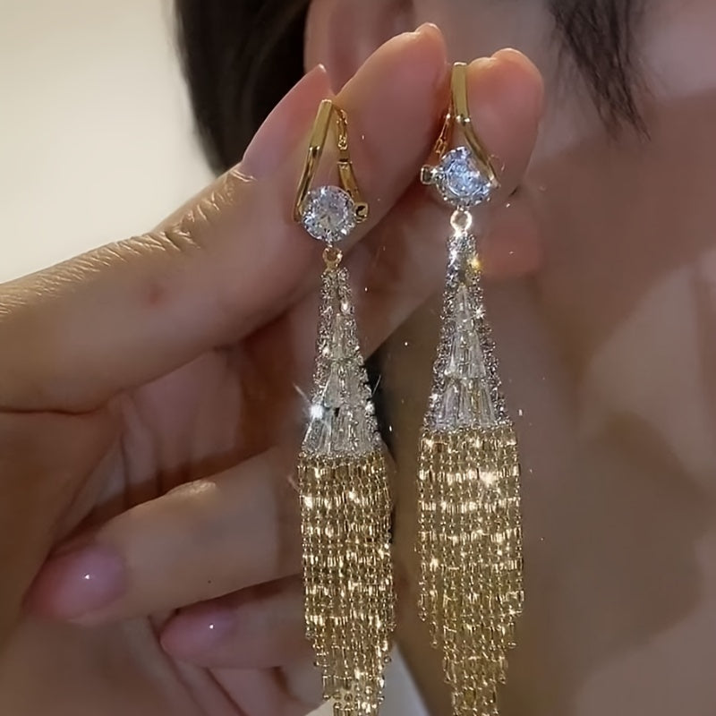 Long, Luxurious Women's Earrings Sparkling with Cubic Zirconia and a Tassel Design Evening Party Jewelry Accessories