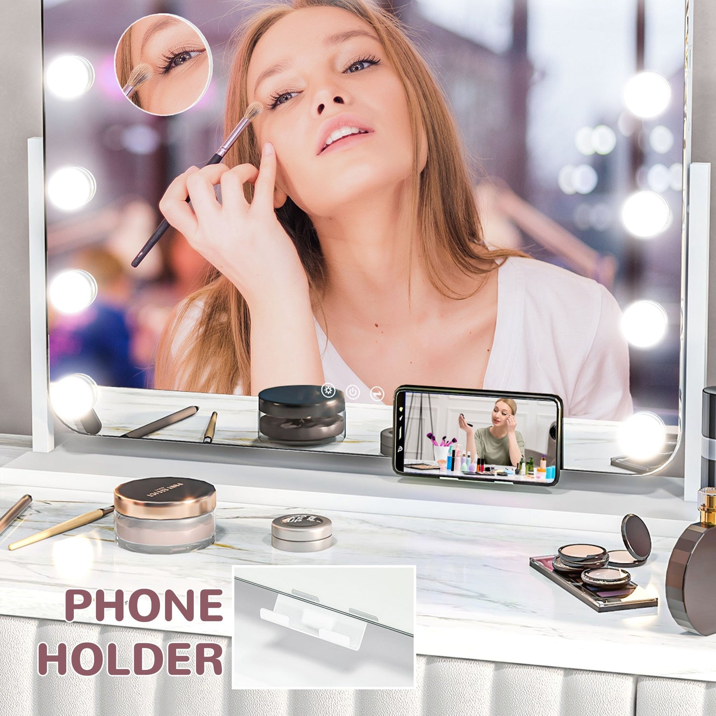 Hollywood Vanity Mirror with Lights, Large 63x50 cm Lighted Makeup Mirror with 3 Colour, 14 LED Bulbs, 10X Magnifying, USB Charging Port, Phone Holder, 360 Rotation, Touch Screen