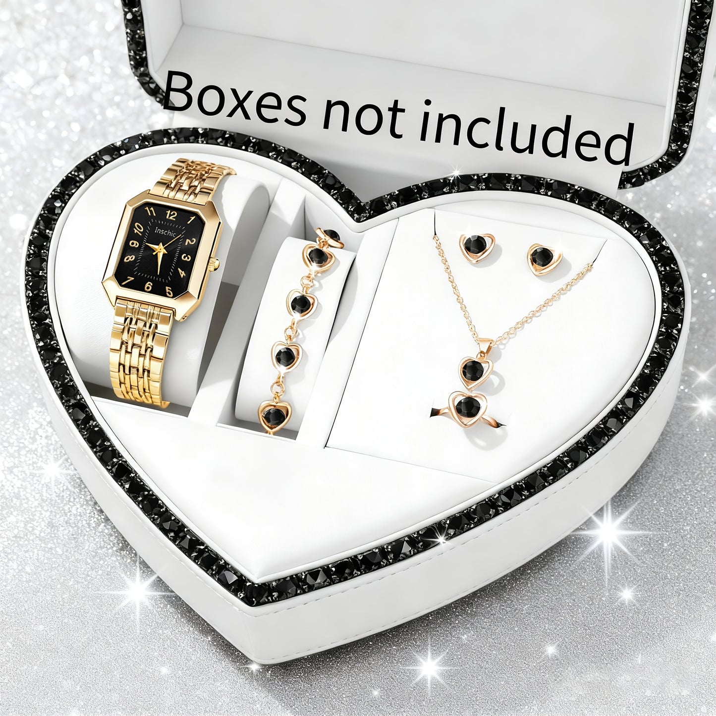 6pcs SHAARMS Women'S Elegant Square Quartz Watch Set with Heart Pendant - Luxury & Golden-Tone Dial, Square Case, Dial & Band, Non-Rechargeable Battery