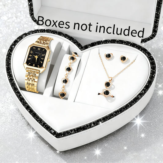 6pcs SHAARMS Women'S Elegant Square Quartz Watch Set with Heart Pendant - Luxury & Golden-Tone Dial, Square Case, Dial & Band, Non-Rechargeable Battery