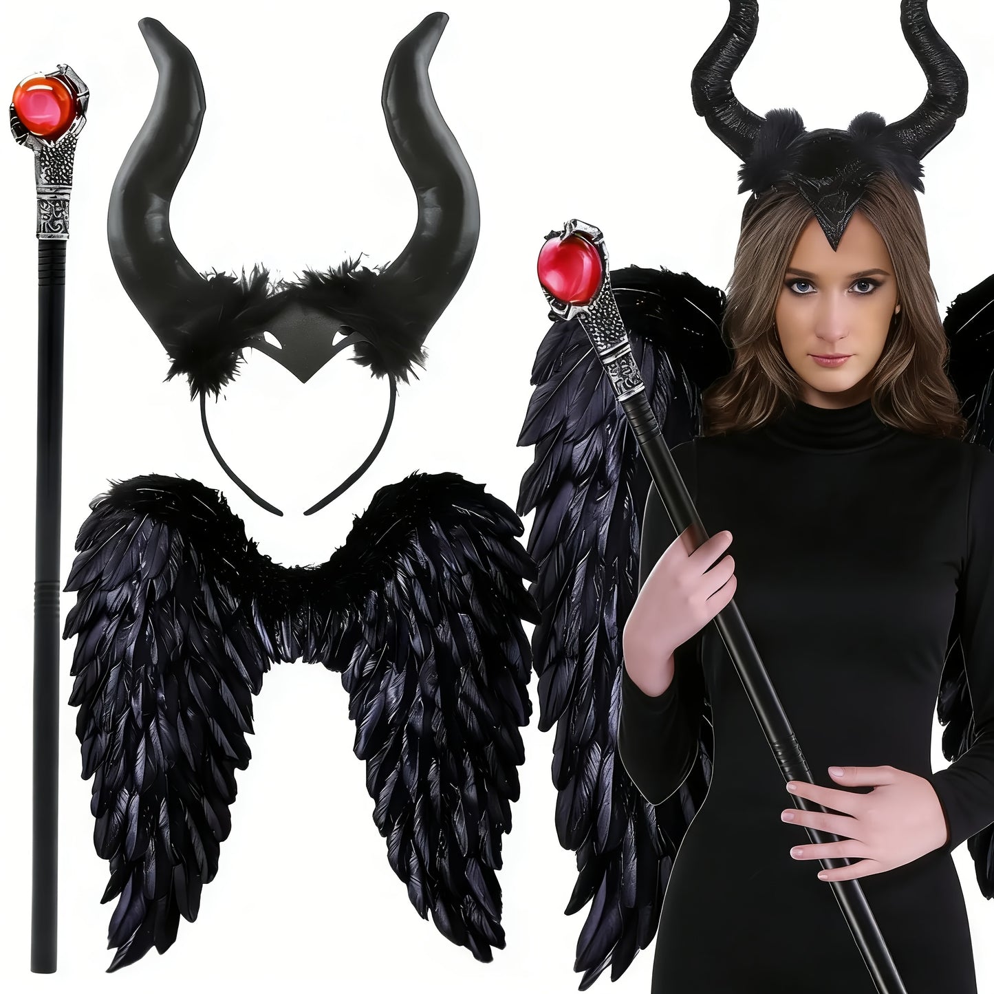3 PCS Set Black Fallen Angel Costume Accessories Set, Including Wings Devil Horns Headband Witch Cane Halloween Clothing Supplies