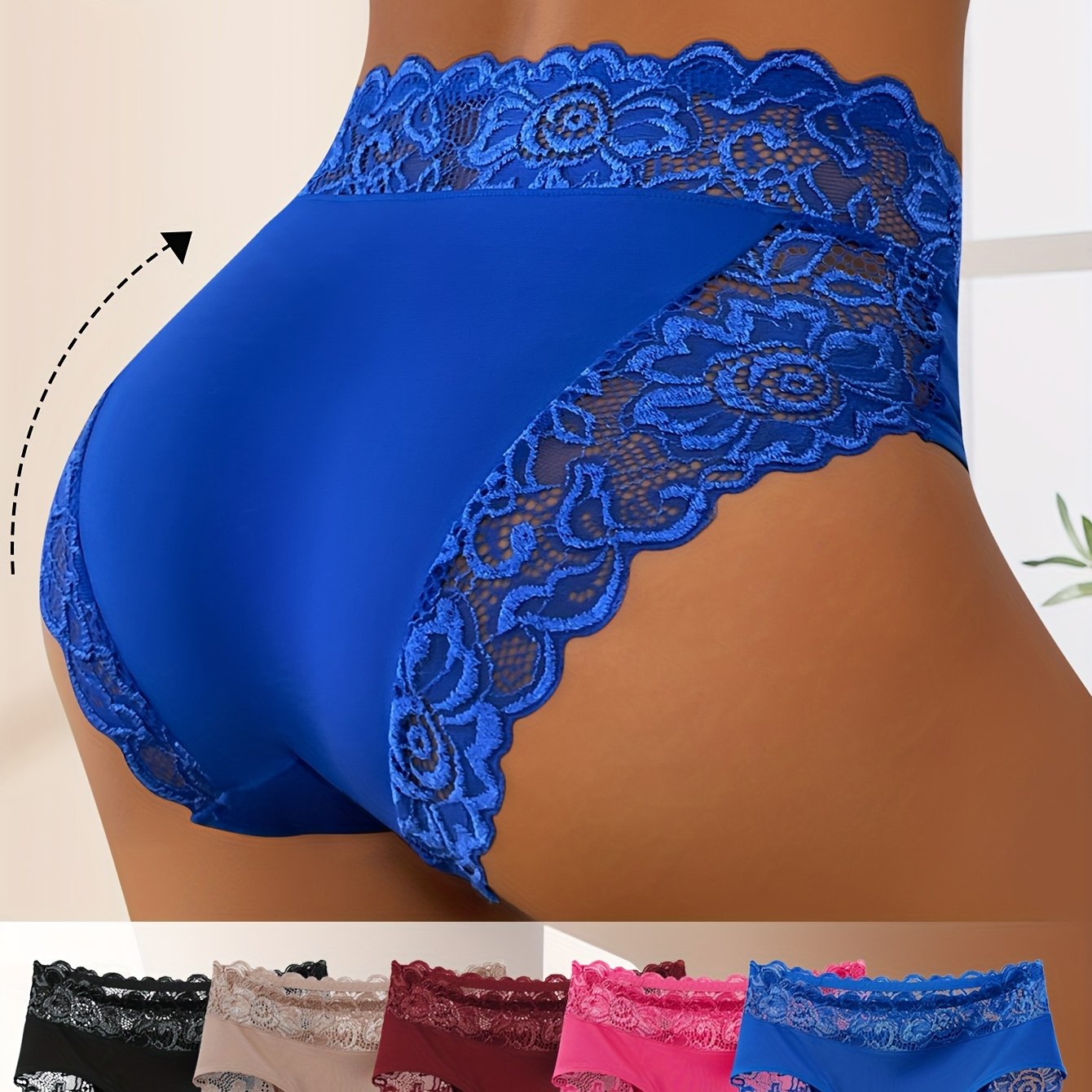 5pcs UK Size Women's Elegant Lace Spliced Triangle Panties - Breathable Mid-Rise Bikini Briefs, Romantic Holiday Fashion, Solid Color, Comfortable & Stylish, Everyday Underwear | Elegant Lace Detail | Smooth Texture Fabric