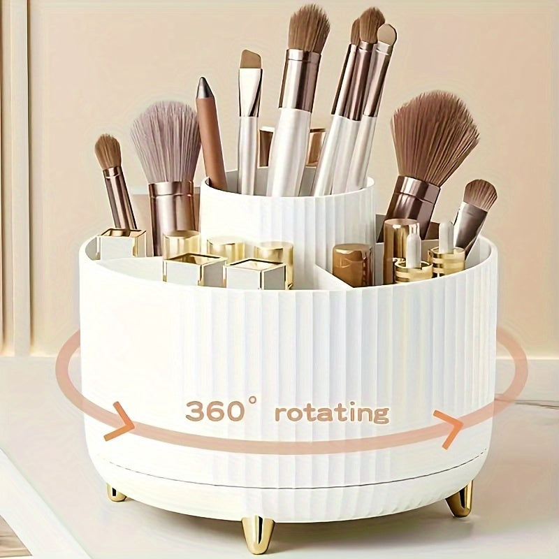 5 Colors 360° Rotating Makeup Organizer - 1pc Plastic Cosmetic Storage with 5 Compartments - Multi-Functional Holder for Brushes, Lipsticks, Skin Care Products, and Stationery - Durable Unscented Desk Caddy with Luxury Strip