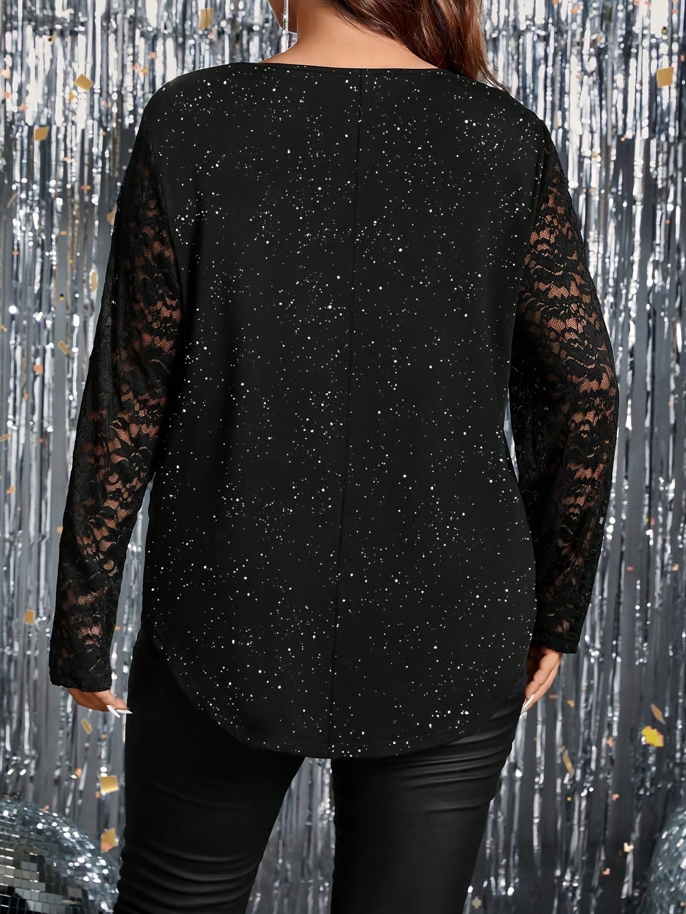 For Curvy Ladies XL-5XL UK (18-26) Plus Size, Big  Women's Elegant Sparkle Lace Wave V-Neck Long Sleeve Black T-Shirt