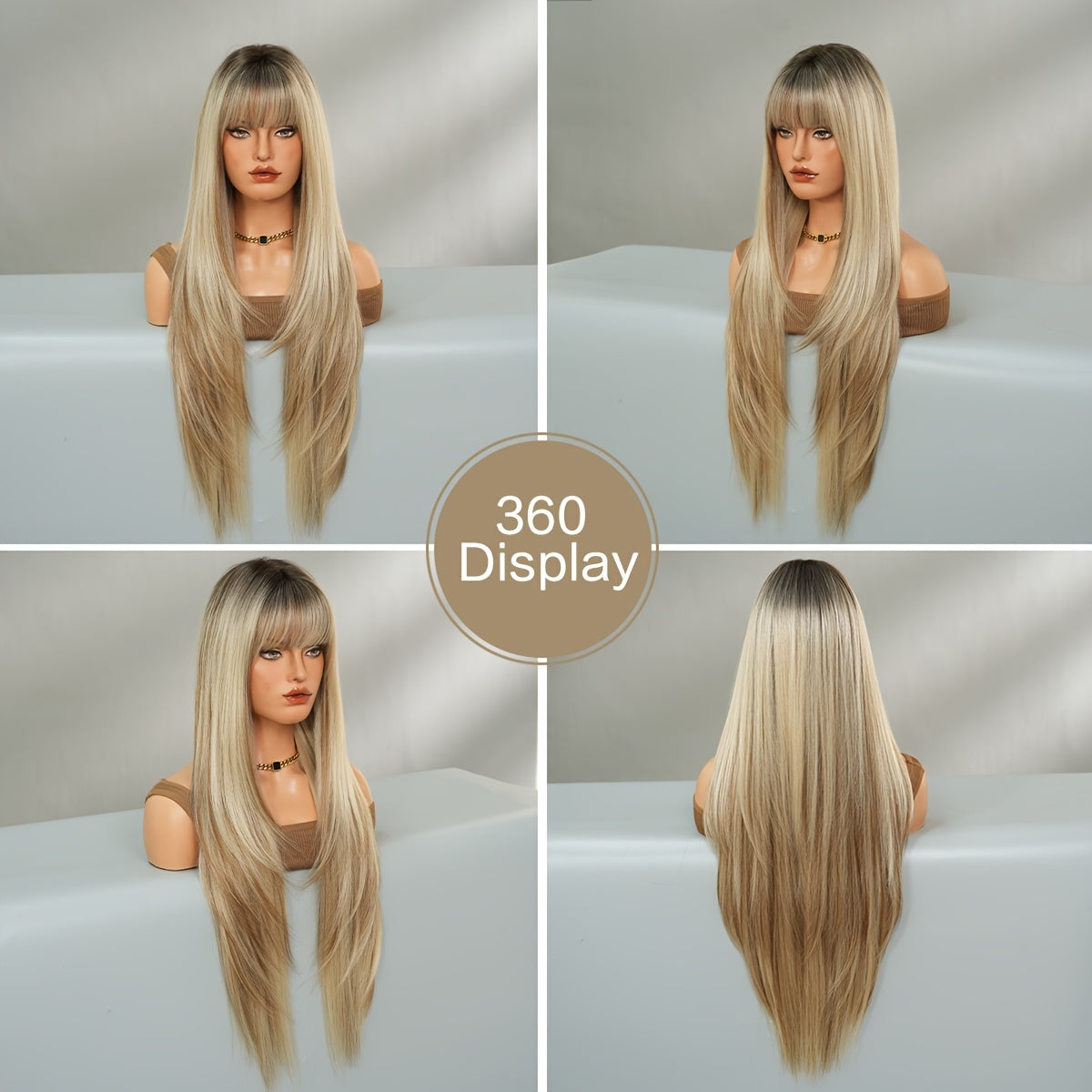 Long Straight Heat-Resistant Synthetic Wig with Dark Brown Roots - 150% Density Rose Net Cap, 86.36cm Elegant Party & Daily Use Wig for Women, Natural Look for Everyday & Special Occasions, Versatile Hairpiece, Sleek Hairpiec