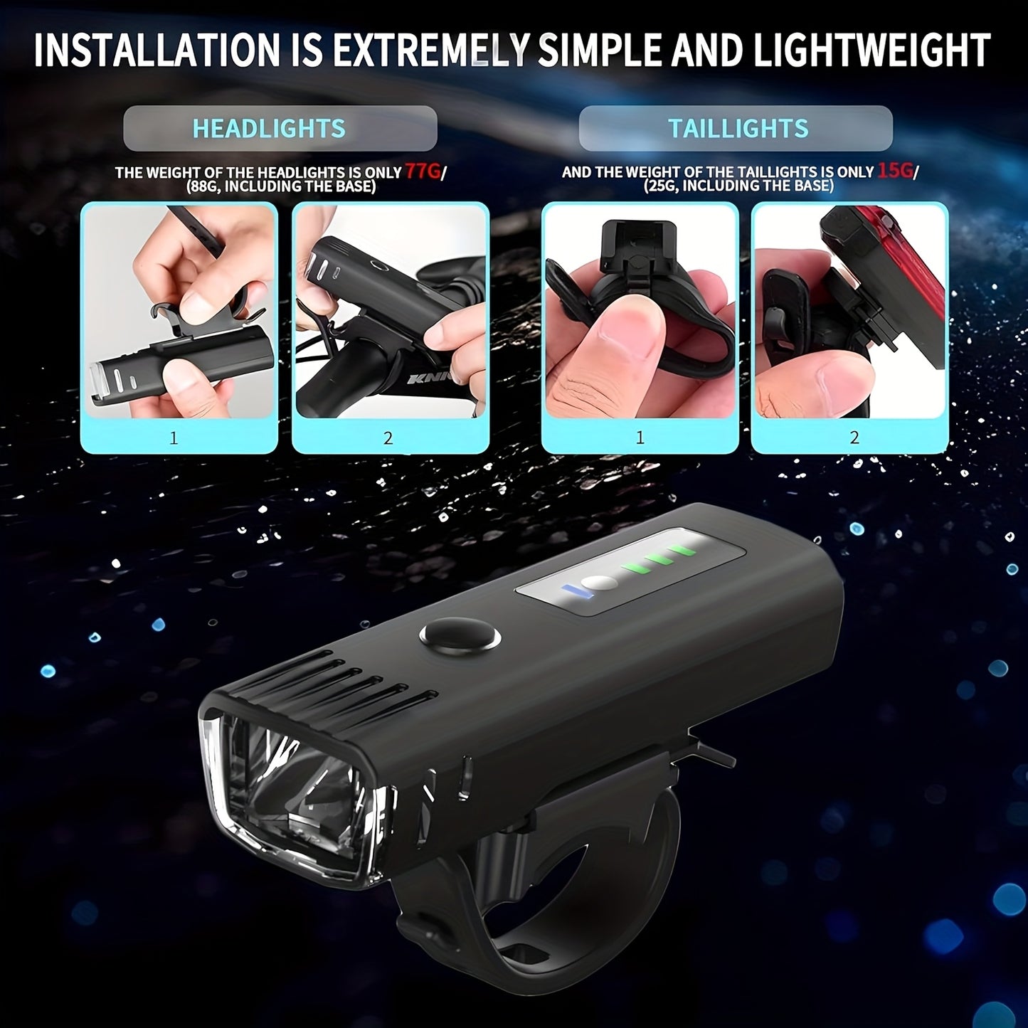 Super Bright USB Rechargeable Bike Light Set - 4-in-1 Smart Sensor, USB/CB-Powered Front & Rear Lights with USB-Powered Charging, Waterproof, Compatible with USB-C/Cigarette Lighter/DC, for Mountain/Road/Commuting/EBike - Lon