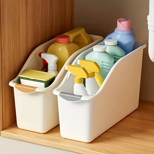 2 PCS Set Curved Design Storage Boxes - Heavy-Duty Plastic Organizer, White Space-Saving Container for Under Sink, Pantry & Cabinet Organization - Suitable for Cleaning Supplies, Household Essentials & Kitchen/Bathroom Storag