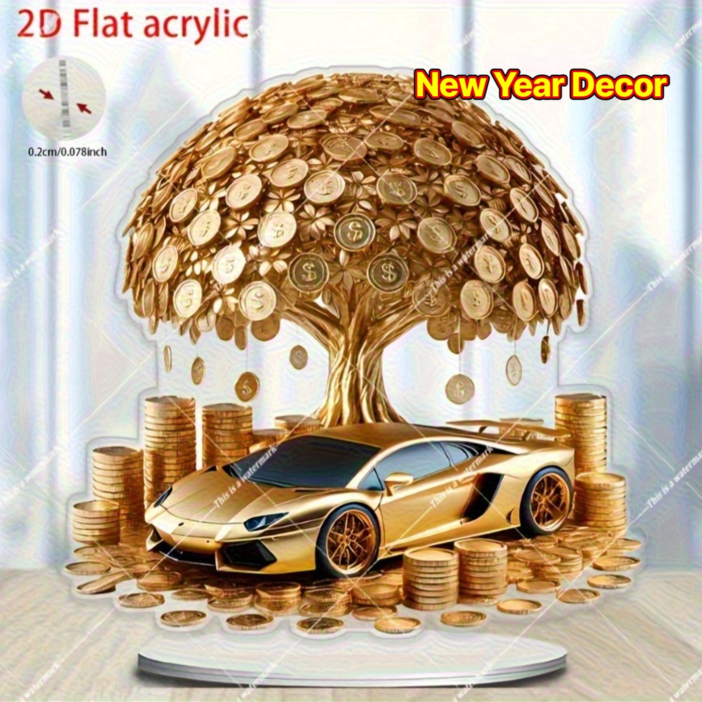 2D Flat, Money Tree in Golden Sports Car Decoration - Wealth & Prosperity Symbol with Coins, Acrylic Tabletop Decor for Home/Office, Luxury Car Interior Design, No Electricity Needed - Ideal Birthday/Chinese New Year/Lucky Ho