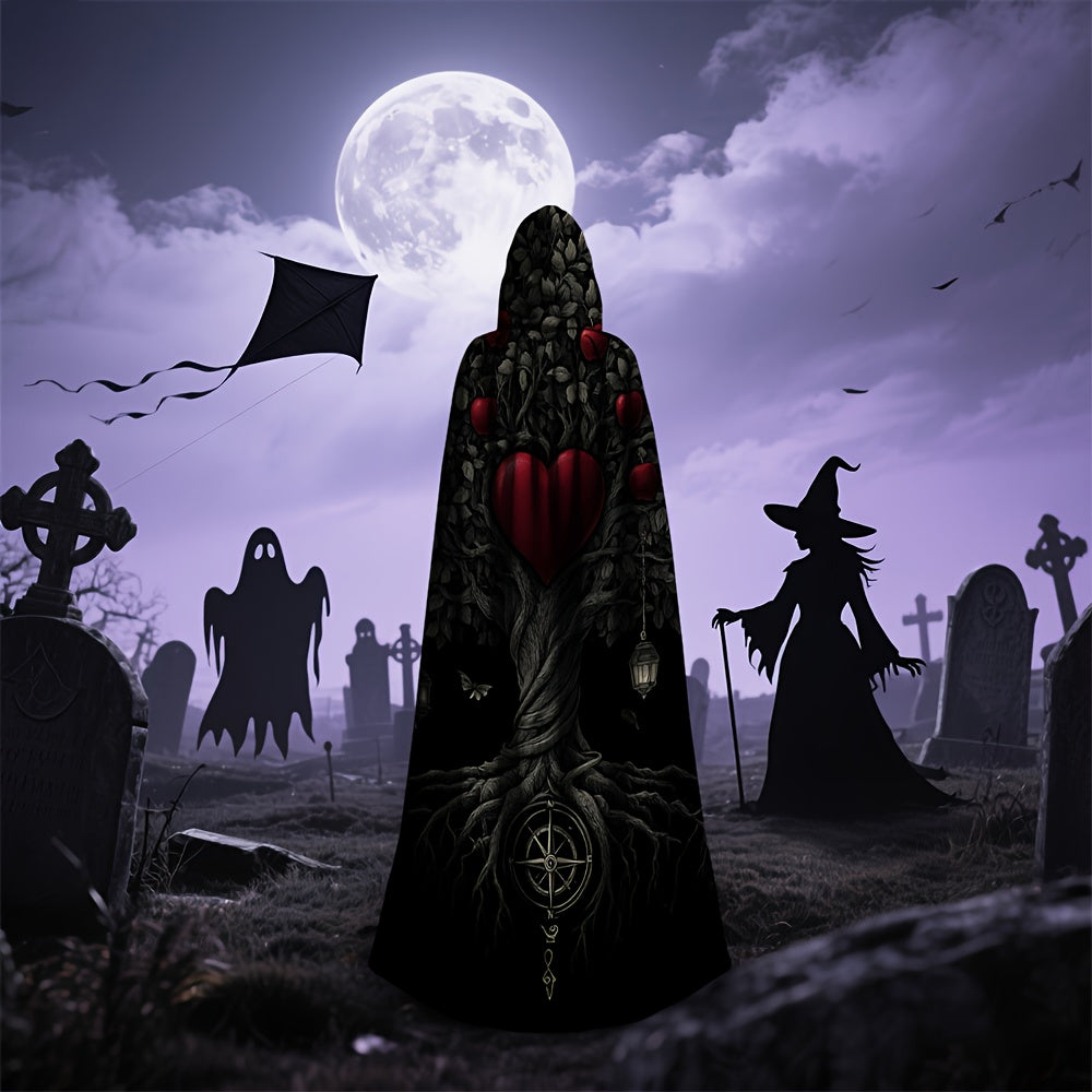 Women's Gothic Witch Cape Robe Costume - Long Flowing Dark Robe with Heart Tree & Pentagram Design, Flowing Cape - Heavy-Duty Fabric for Cosplay, Themed Parties, Medieval/Fantasy Events - Magical Attire for Wiccan & Witchy Ev