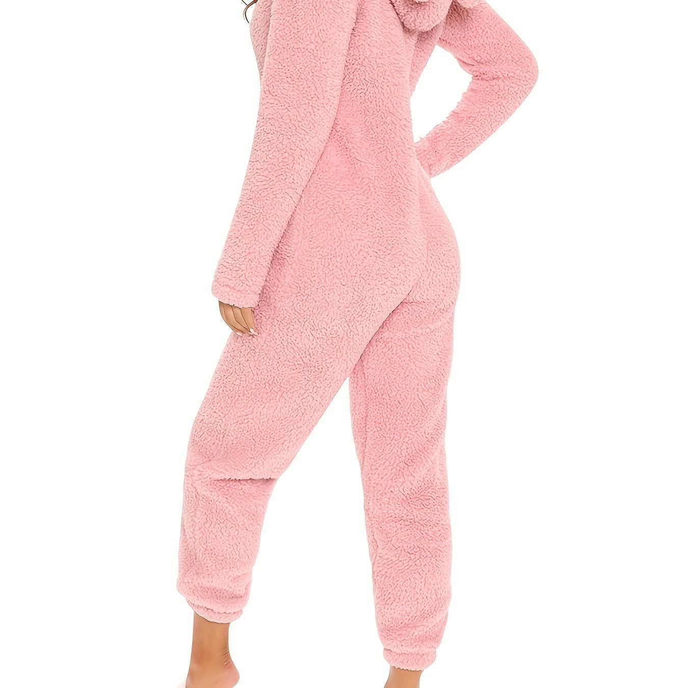 UK Size 6 Colors Fuzzy Hooded Pajama Jumpsuit For Music Festival, Comfy & Cute Long Sleeve Zipper Pajamas, Women's Lingerie & Sleepwear