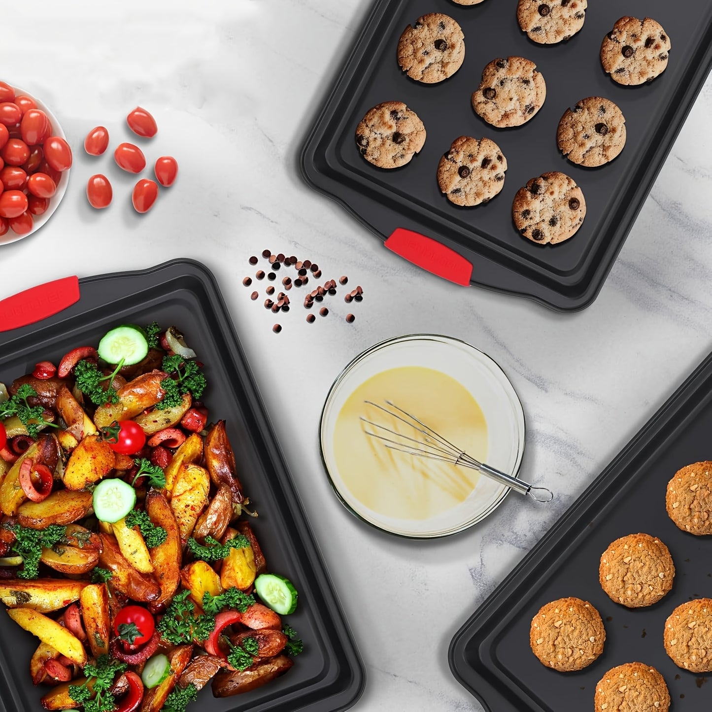 3 PCS Set Non-Stick Pan Baking Tray, with Red Silicone Handle, Kitchen Baking Plate, Heat-resistant and Non-Sticking, Home Use Baking Tray, Cake, Oven Cookie Baking, Rectangular Cookie Tray, Easy to Clean, Suitable for Cookie