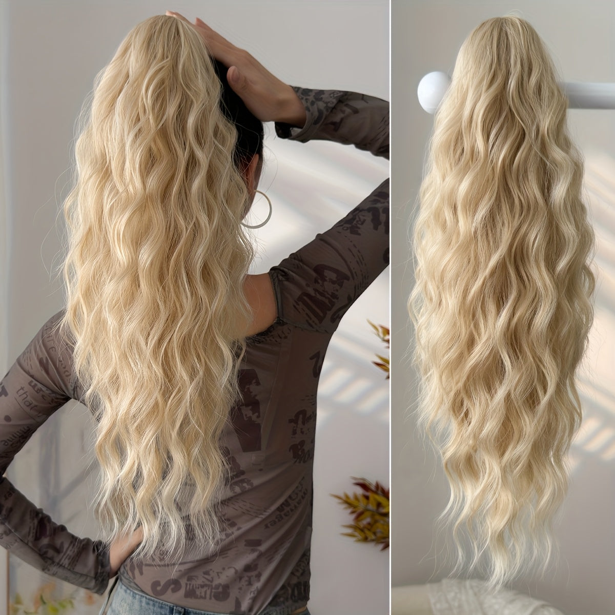 50.8cm 20-Inch Claw Ponytail Extension with a Short Water Wave Design, Made from Heat-Resistant Synthetic Fibers, Perfect for Women's Everyday Hair Additions