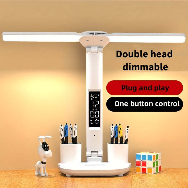 NEW Dual-head LED desk lamp with smart display screen, adjustable brightness and 3 color modes, touch operation, built-in pen holder, foldable design, USB power supply, eye protection technology for reading, suitable for bedr