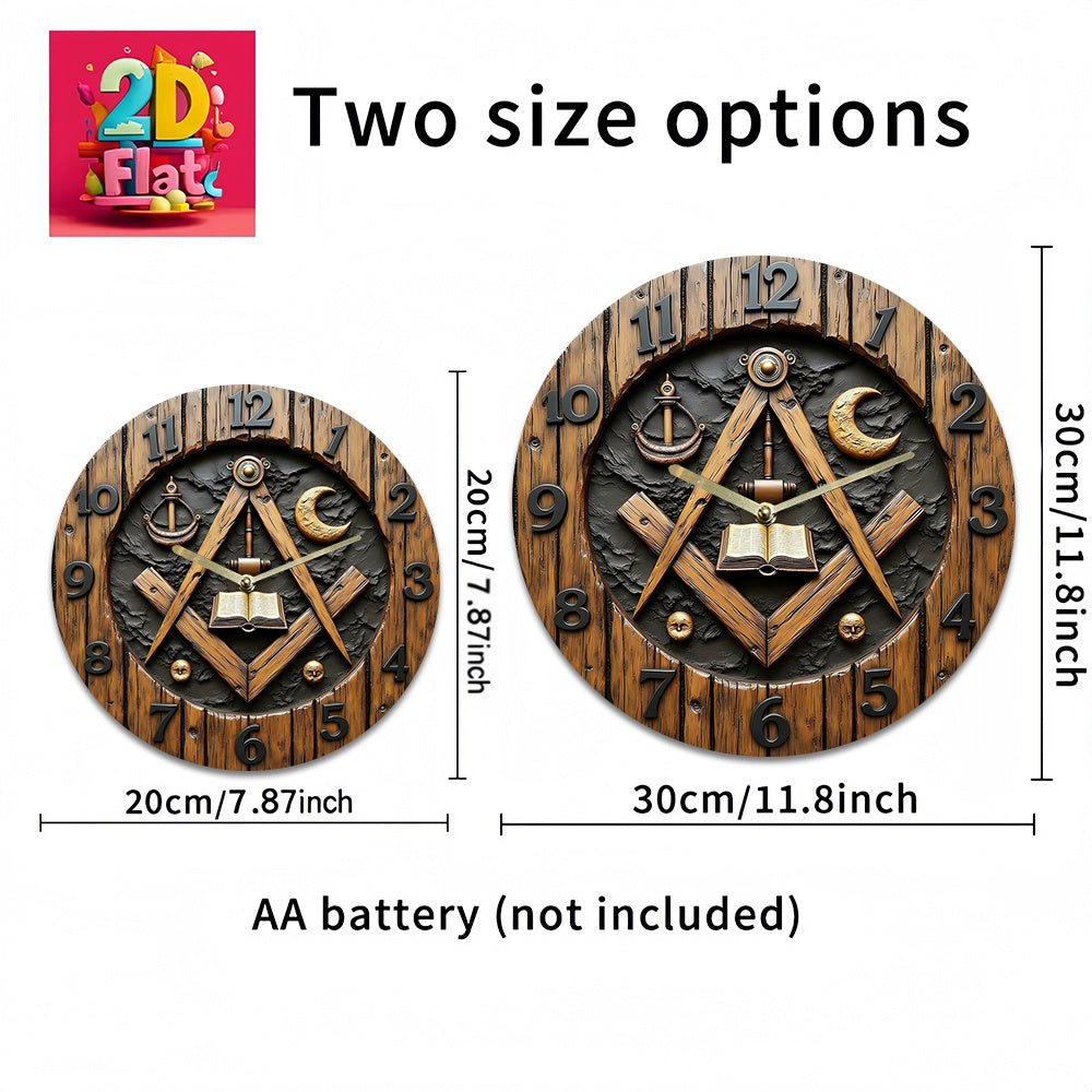Masonic/Architect's Square-Themed Wall Clock Featuring Large Black Hands And Golden Numbers - Silent with No Ticking Sound, Includes Masonic Symbols (Compass, Square, Trowel) - Battery-Operated (AA Batteries Not Included)