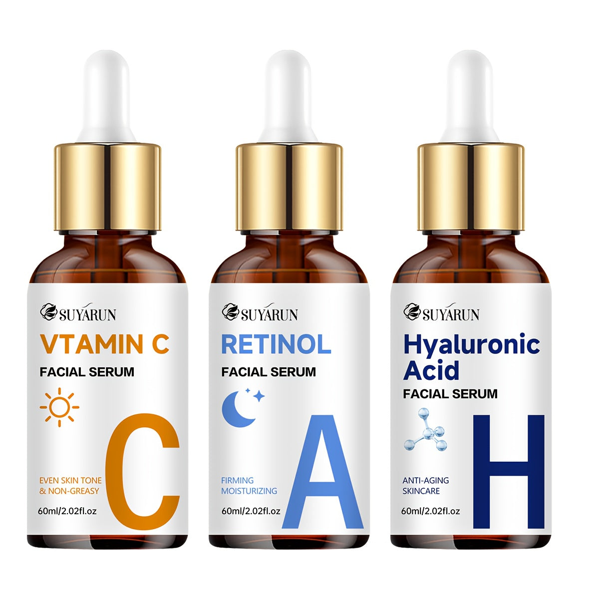 3 PCS Set 60ml Each Day & Night Vitamin C + Retinol + Hyaluronic Acid Triple Action Set, Enriched with Collagen, Aloe Vera, and Niacinamide, Brightens Complexion, Firms Skin, Deeply Hydrates, and Evens Light Beige. Gentle, Oi