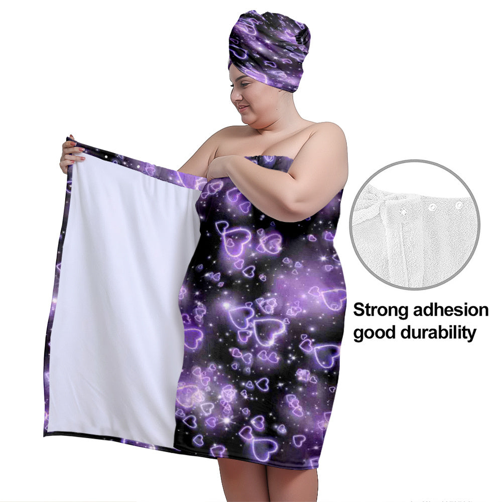 2 PCS Set Hair Turban +  S-4X Large Bathrobe with Purple Heart Pattern, Featuring a Dreamy Romantic Style Matching Headscarf, Soft, Comfortable and Soft for Bathing, Women's Wearable Bathrobe Towel