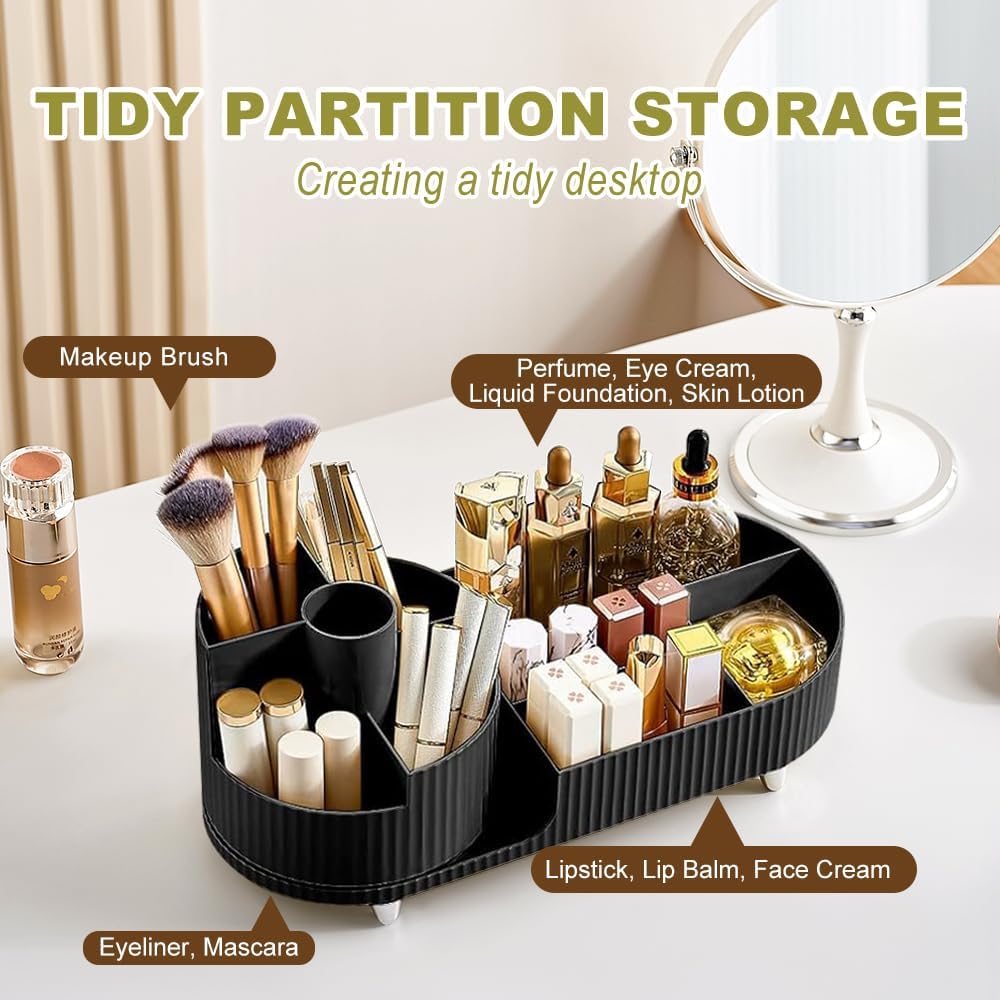 Black and White Color Rotating Makeup Organizer, 360°Rotating Large Capacity Brush Holder, Storage with Compartments for Vanity, Bathroom, Desk Container, Cosmetic Display Cases