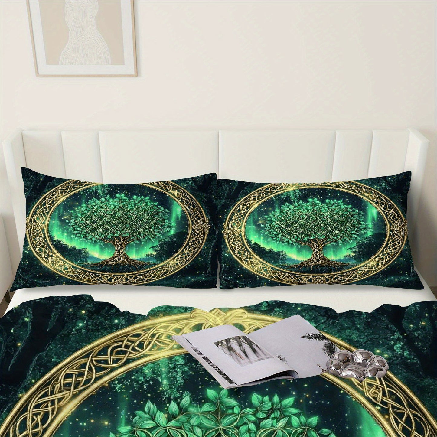 3 PCS Set *TREE OF LIFE* Duvet Cover Set, 1 Duvet+2 Pillowcases (Without Filler), Celtic Tree of Life Green Aurora Fantasy Theme, All Season Bedding Set, Mystical Forest Suitable for Decoration Bedroom Living Room Guest Room