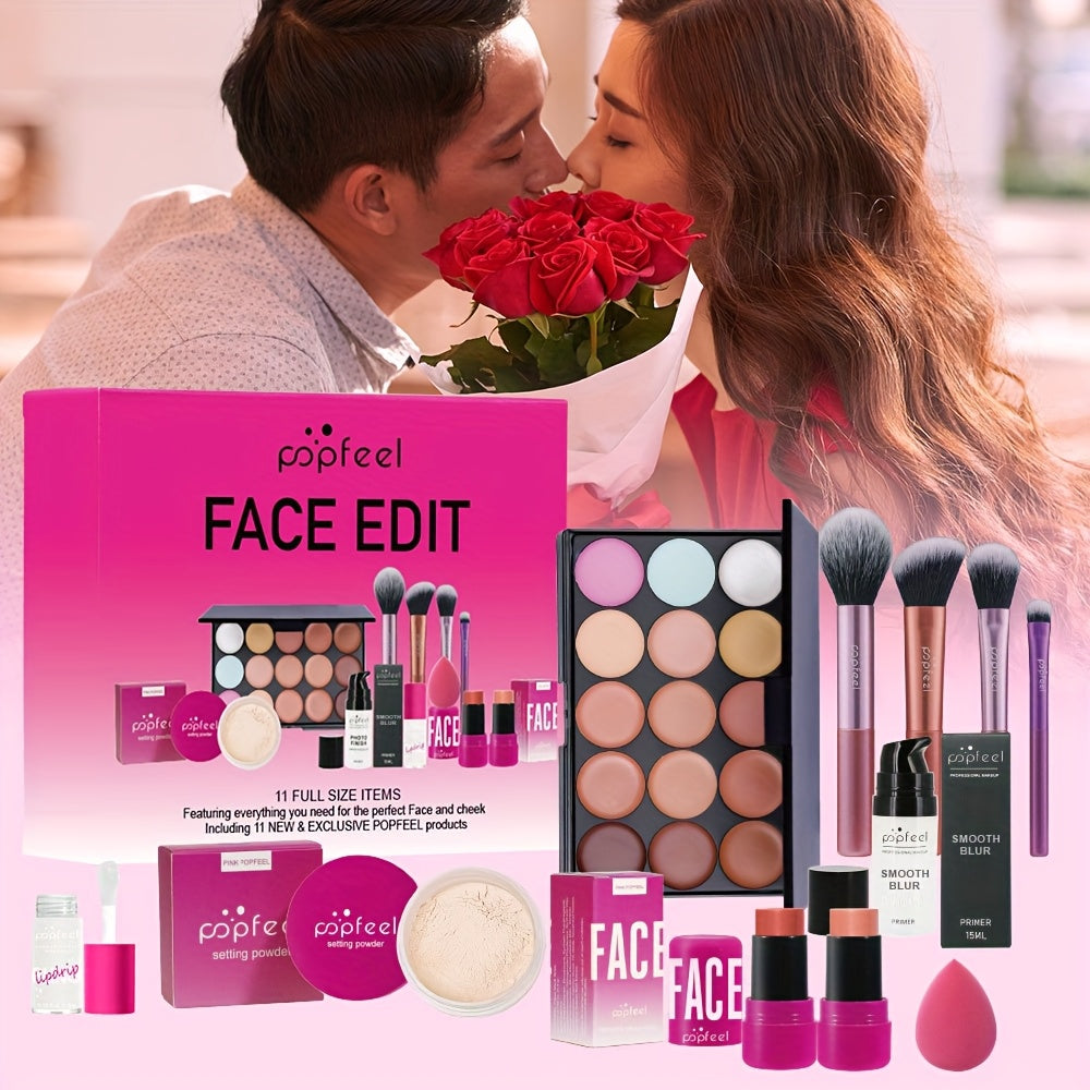 Complete Face Makeup Kit with Face Edit Palette - Waterproof & Sweatproof Long-Lasting Full Coverage, 12-in-1 All-in-One Palette with Primer, Foundation, Concealer, Powder, Blush, Contour, Highlighter, Bronzer, Eyeshadow, Li