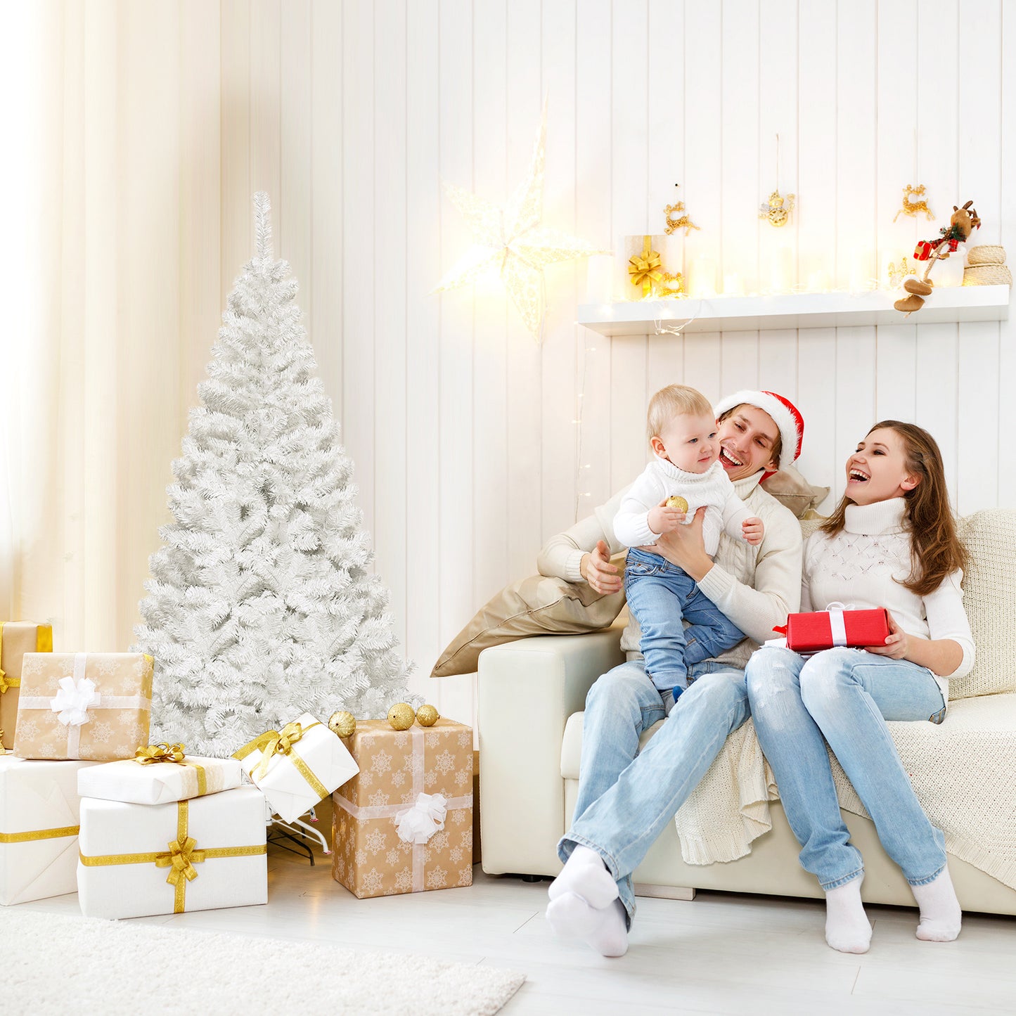 5FT Christmas Tree, Artificial Xmas Decoration Tree with 350 PVC Branch Tips & Metal Stand, Dreamy Holiday Festive Celebration Tree for Home, Office & Shop, Quick Setup, White