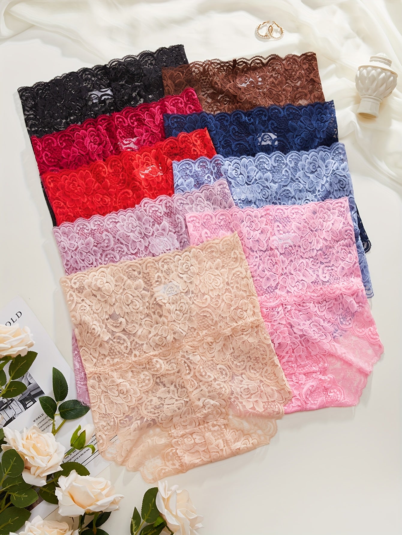 7pcs Set Women's High-Waisted Lace Underwear - Floral Print Bikini Briefs with Multi-Color Options (Black, Navy, Red, Pink, Beige,, Purple) - Full Coverage Opaque Triangle Panties, Hand Washable Lace Trim & High for