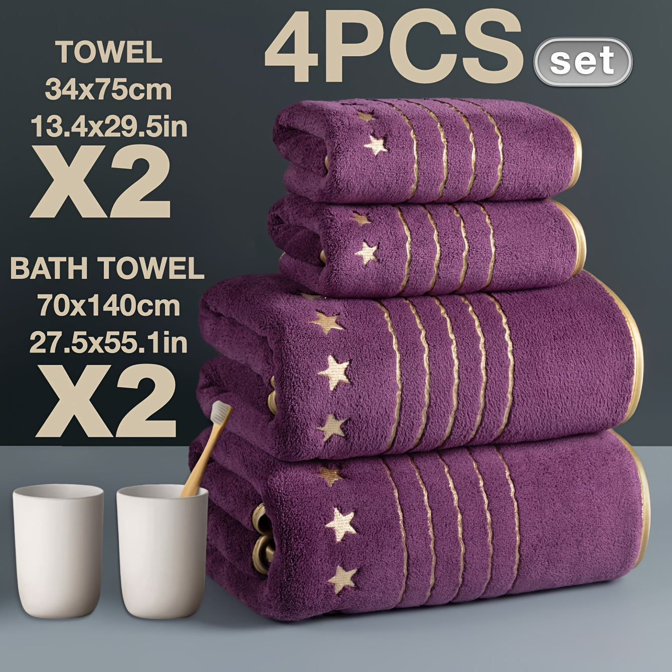4/6-PCS Set Ultra-Soft Golden Thread Light Luxury Five-Star Embroidered Towel Bath Towel Set, 2 Bath Towels 69.85 X 139.95 cm, 2 Hand Towels 34.04 X 74.93 cm, 2 Washcloths 34.04 X 34.04 cm, Perfect for Home, Hotel, and Spa Us