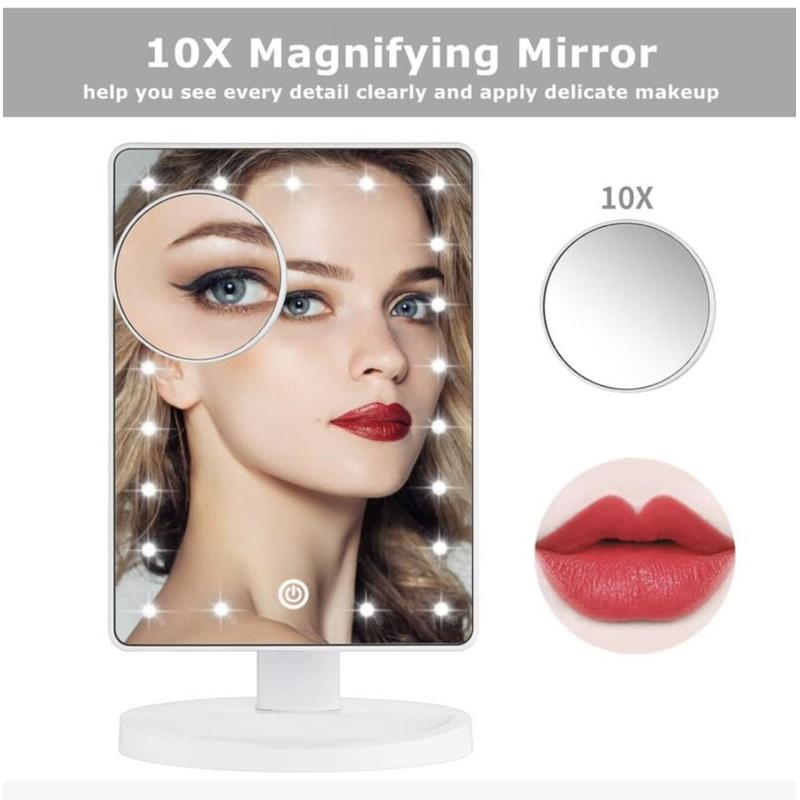 16 LED Touchscreen Makeup Mirror with Magnifying Mirror Adjustable Brightness Stand and Tray in White