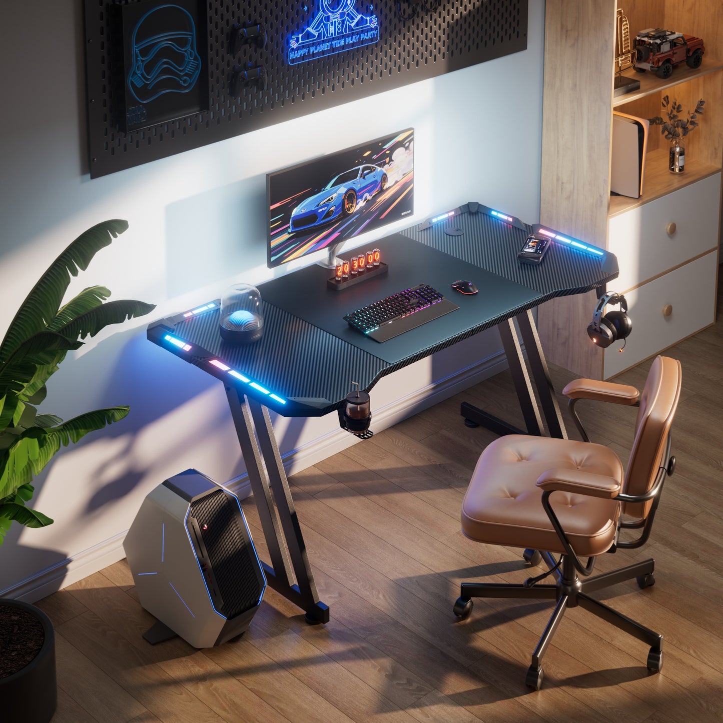NEW RGB Gaming Black Desk Full Set with LED Lights and Mouse Pad, Large Ergonomic Computer Desk with Cup Holder & Headphone Hook, Modern Carbon Fiber Design for PC Gaming & Home Office