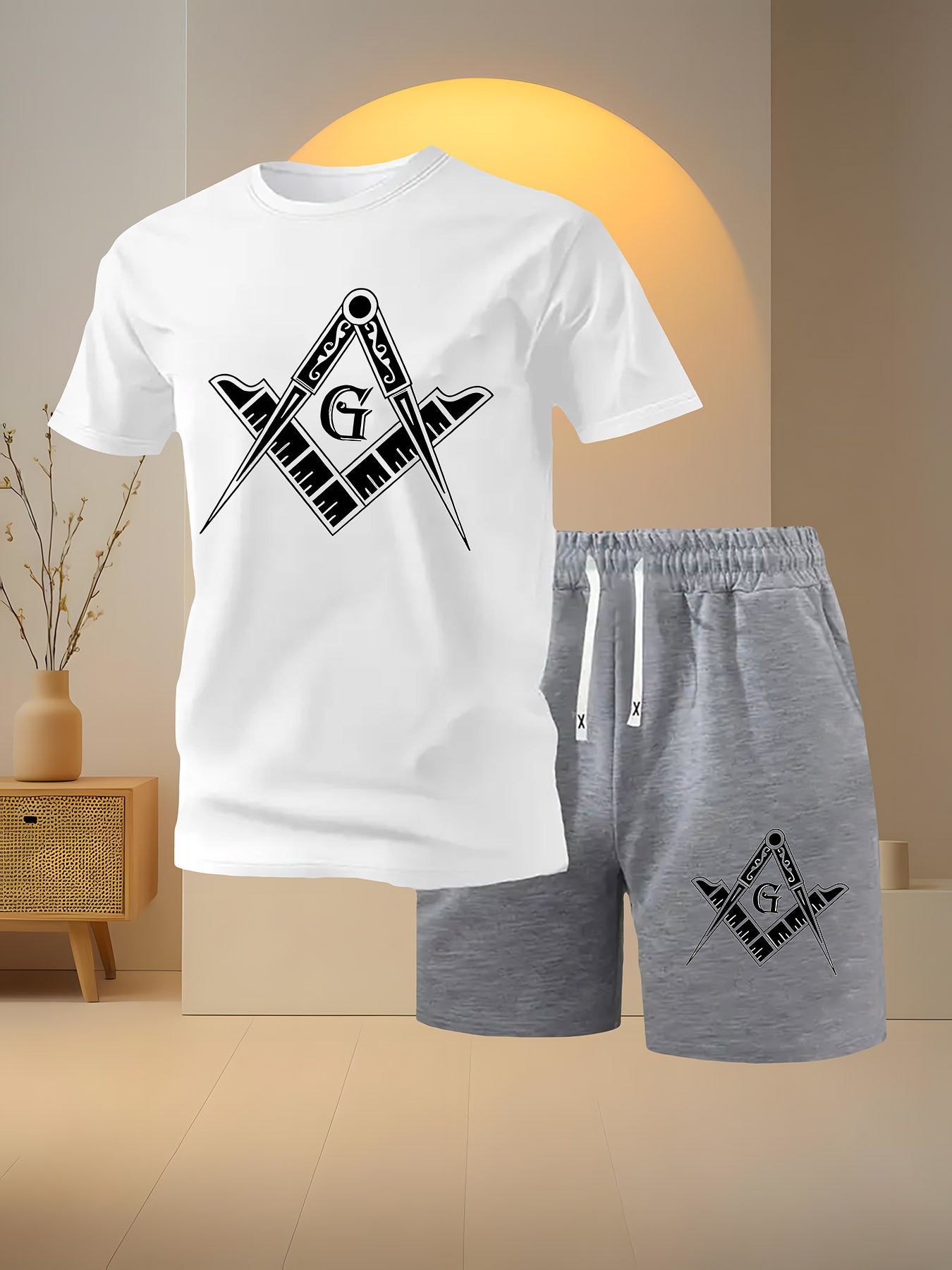 2 PCS Set Freemasonry Logo Print Men's Fashion Casual, Round Neck Short Sleeve T-Shirt and Drawstring Shorts Spring Summer Sportswear Outfit