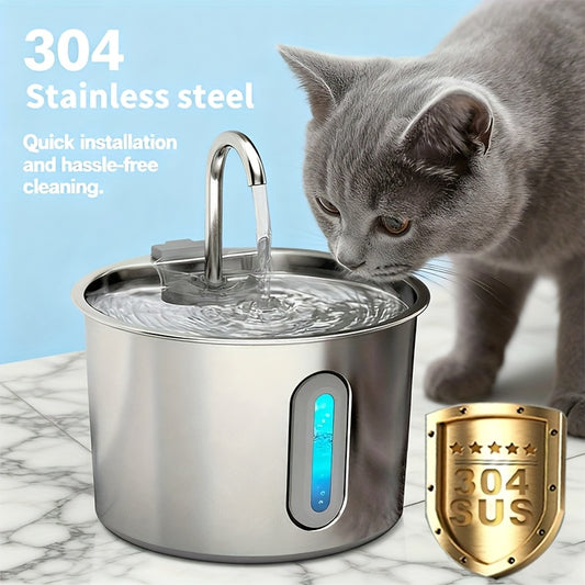 Stainless Steel for cat Water Fountain + 8 Filters Set - 74oz/2.2L Indoor Pet Water Dispenser with Faucet, Spill-Proof Design, Silent Pump & Water Level Window - USB-Powered, Easy Installation, Ideal for Cats & Small Dogs, W