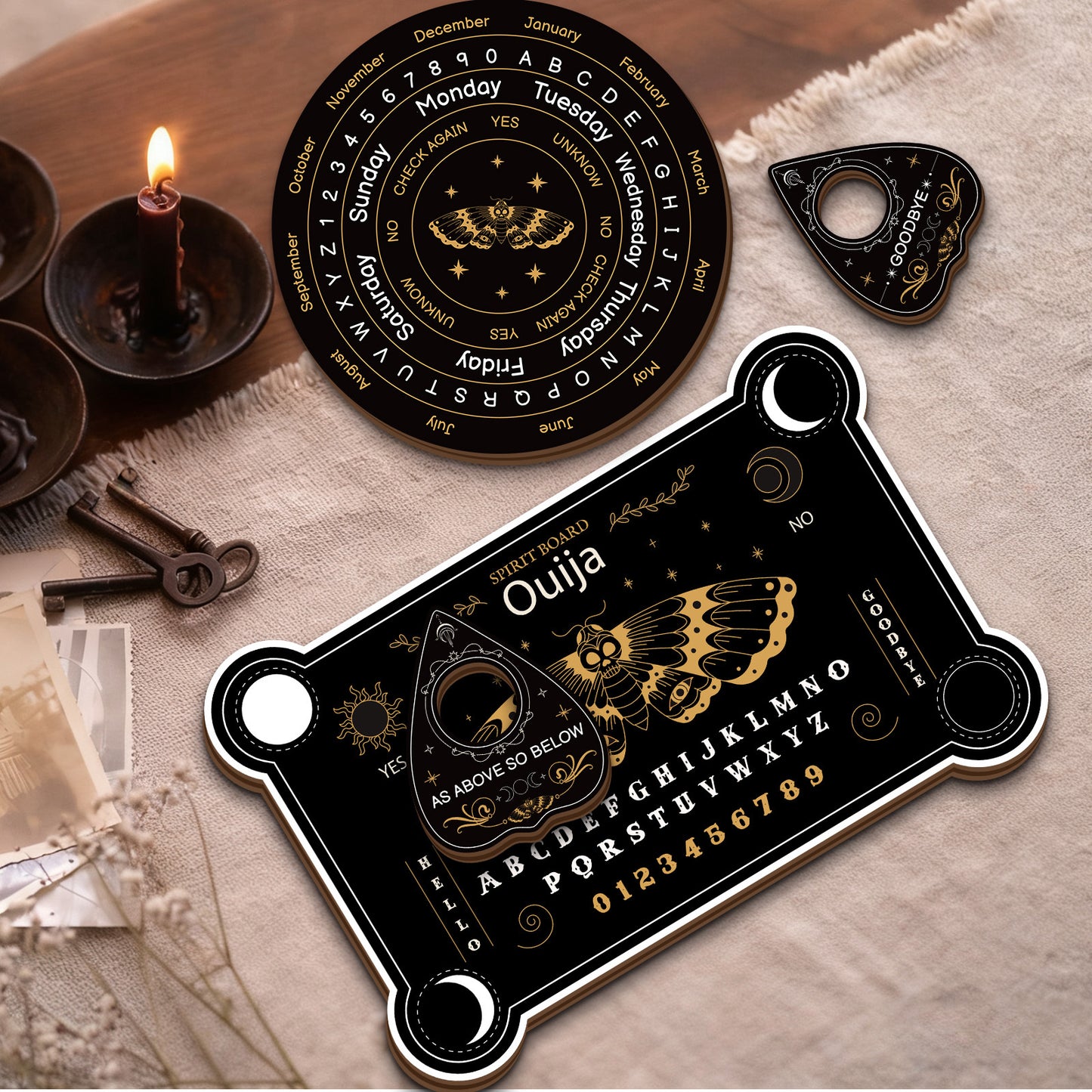 4 PCS Set Wooden Ouija Board Set - Mystical Psychic Device with Butterfly Core, Wooden Tabletop Divination Kit, Mysterious Farmhouse Decor, Suitable for Divination, Meditation, and Fortune Telling. No Batteries Required/Easy