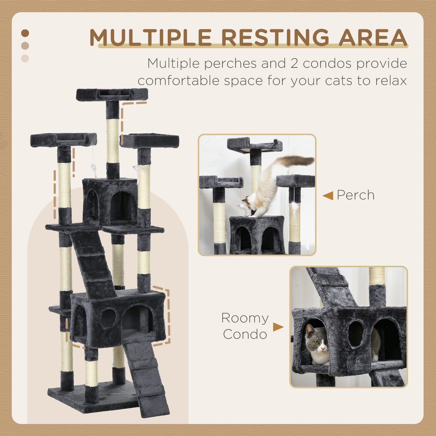 Cat Tree for Indoor Cats, 173cm Cat Tower Scratching Post Tall Climbing Tower, Activity Centre House - Charcoal Grey