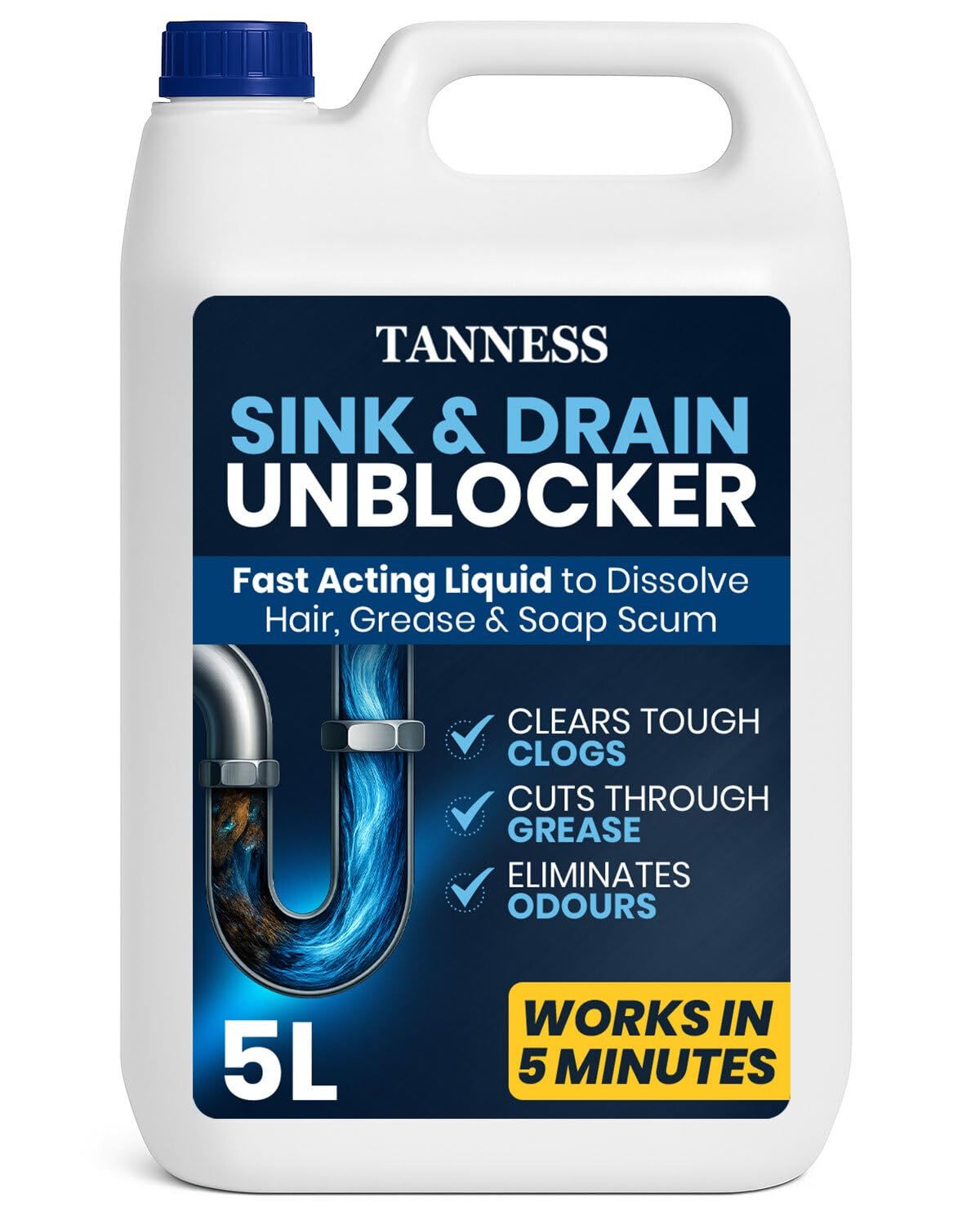 5 Liters Drain Un-Blocker - Heavy Duty Sink & Drain Cleaner for Plug Holes, Toilets, Showers & Pipes - Powerful Toilet & Sink Un-Blocker for Home, Office, Garage & Shops - Cleaning Supplies