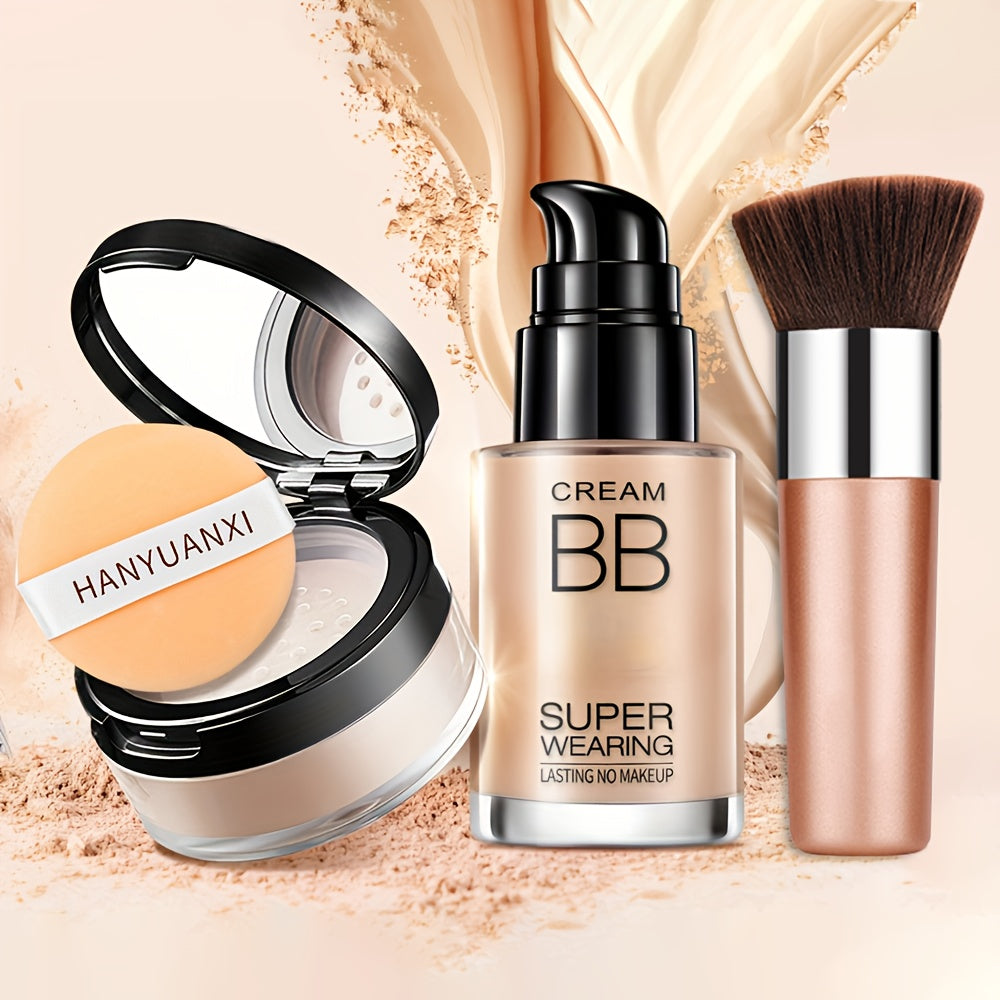 Flawless Face Makeup Kit- BB Cream & Makeup Powder & Brush, Includes Full Coverage Foundation, Moisturizing BB Cream, Waterproof Loose Setting Powder, Brush And Makeup Sponge, Hydrating Formula, Seamless Concealer, Longwear H